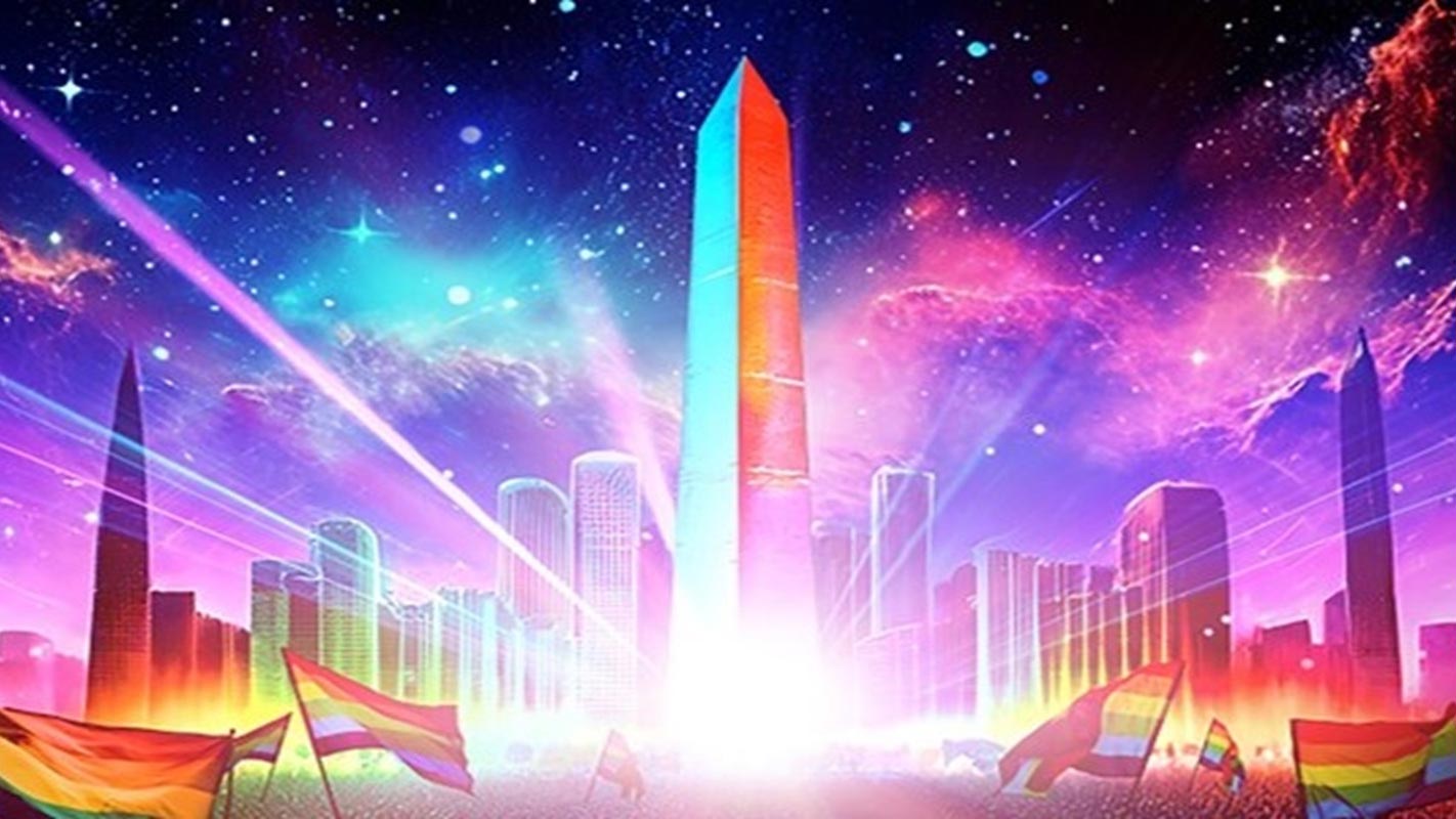 Music-Festival-Banner-New A futuristic cityscape features a glowing obelisk at its center, surrounded by neon-lit skyscrapers under a cosmic sky. In the foreground, rainbow pride flags wave, adding a celebratory and inclusive atmosphere.