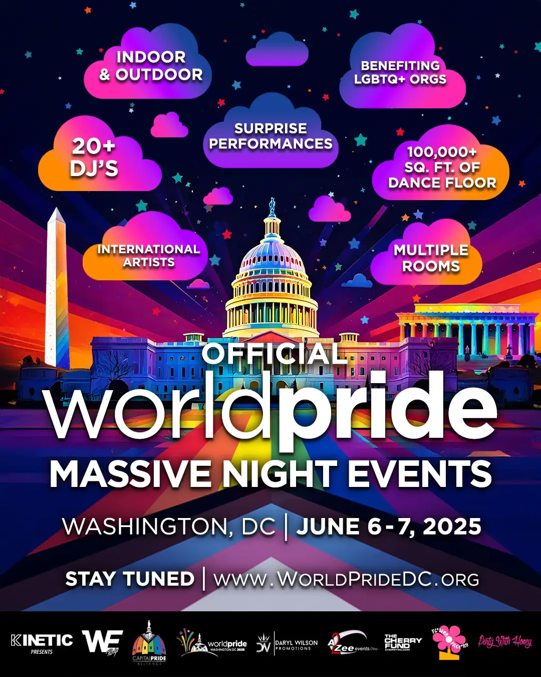 A vibrant promotional poster for the Official WorldPride Massive Night Events in Washington, DC, on June 6-7, 2025. The background features a colorful, stylized illustration of the U.S. Capitol and Washington Monument, illuminated with rainbow lights, set against a night sky with stars and beams of light.