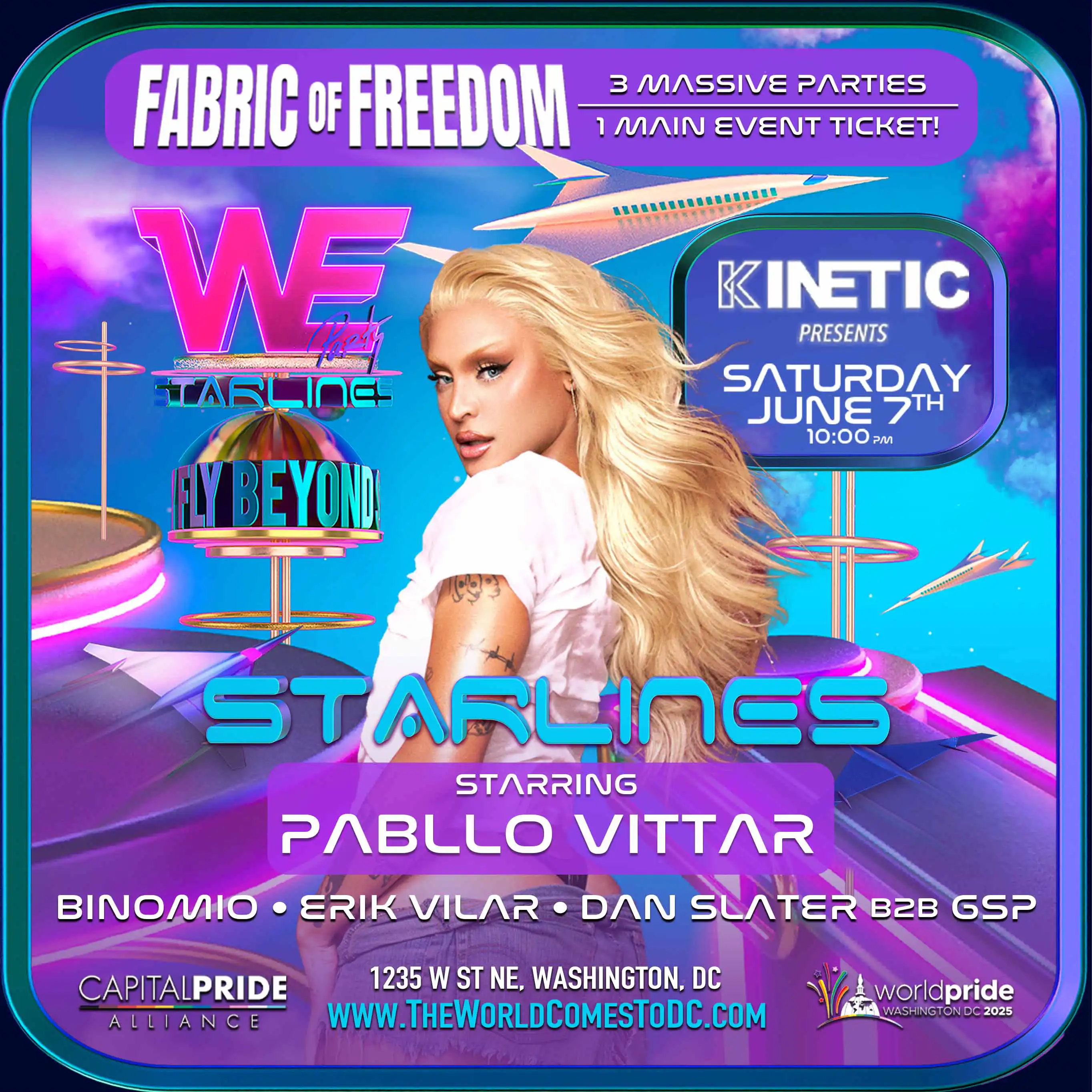 Fabric-of-Freedom-Flyer Event flyer with Three male figures wearing the rainbow flag